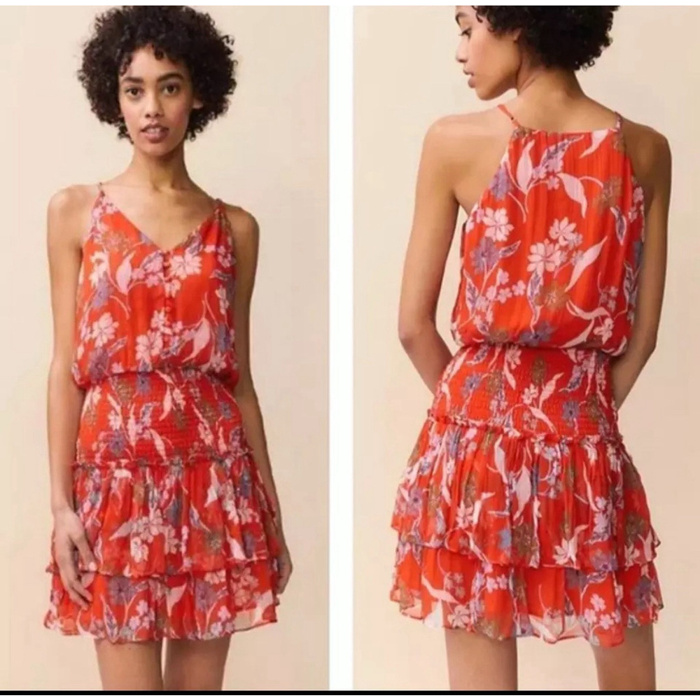 Anthropologie Dolan Portia Smocked Waist Mini Dress Red Floral Women's Size XS